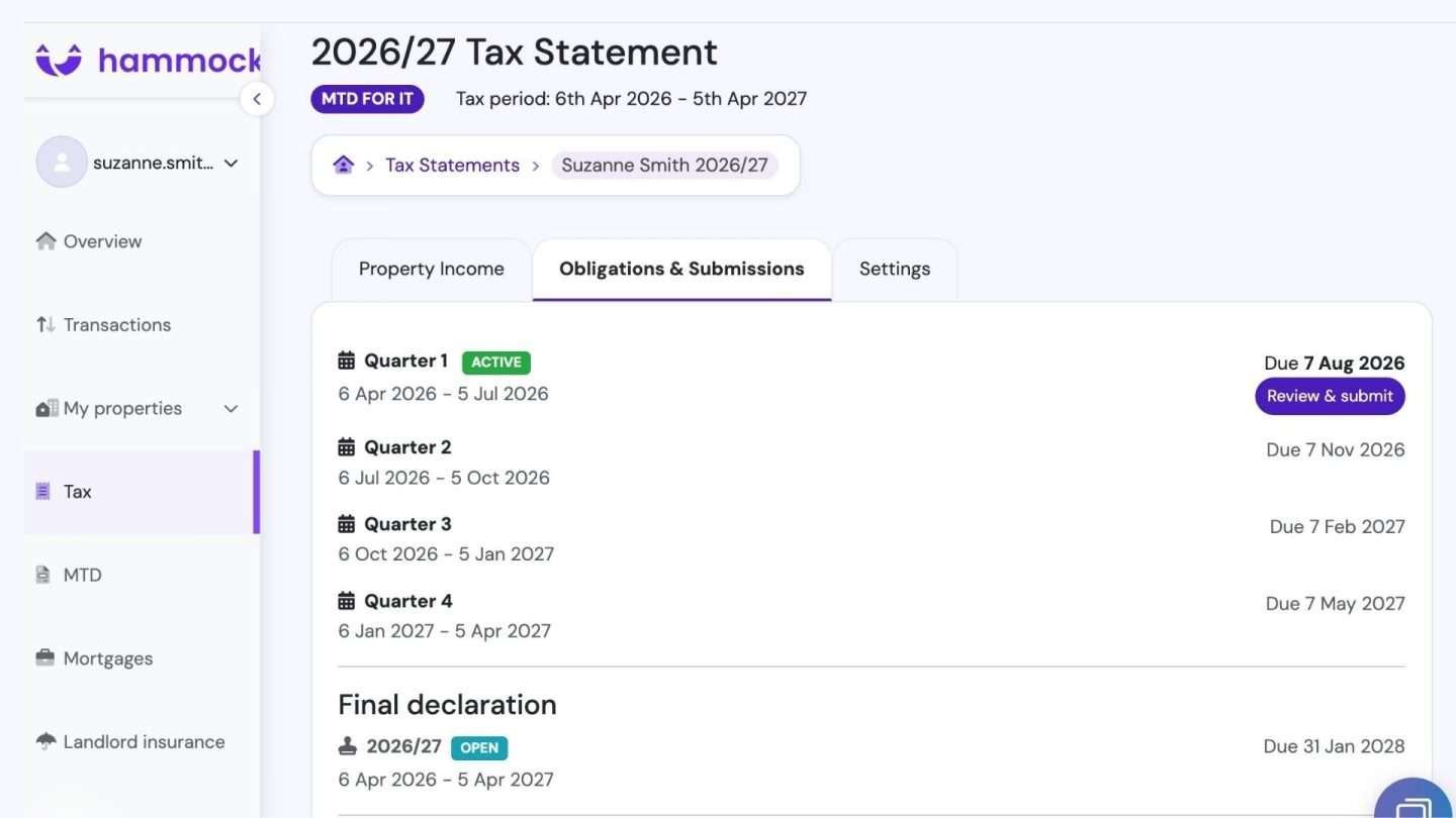 Screenshot of the 2026/27 tax statement on Hammock MTD software
